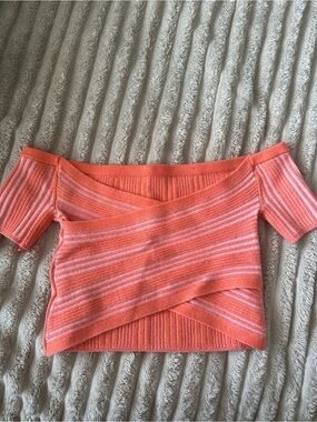 aerie womens off the shoulder sweater crop top striped pink orange size medium
